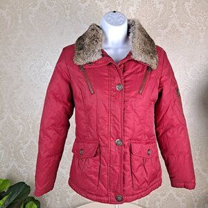 Hampsheer Size Medium Red Puffy Jacket Full Zip Detacheable Fur Collar EUC